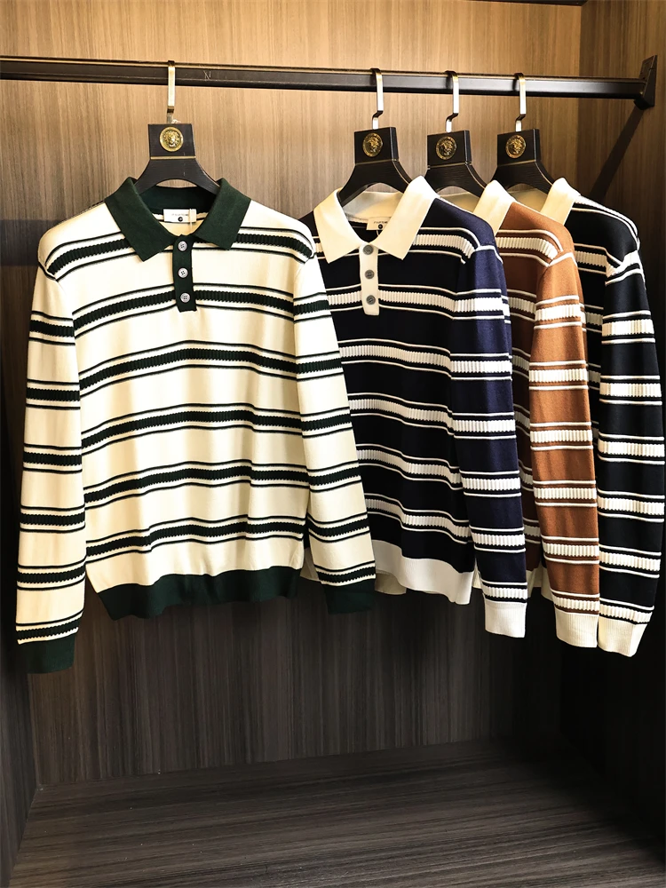 

Ele итальянский мужской вязаный свитер с воротником и текстурой в полоску, роскошная модная повседневная деловая одежда