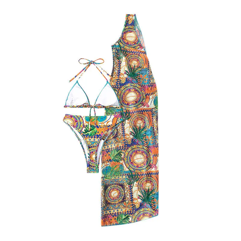 Set bikini a 3 pezzi Copricostume e gonna in rete trasparente Costume da bagno con stampa sexy per costumi da bagno vintage da spiaggia in due pezzi con scollo all'americana