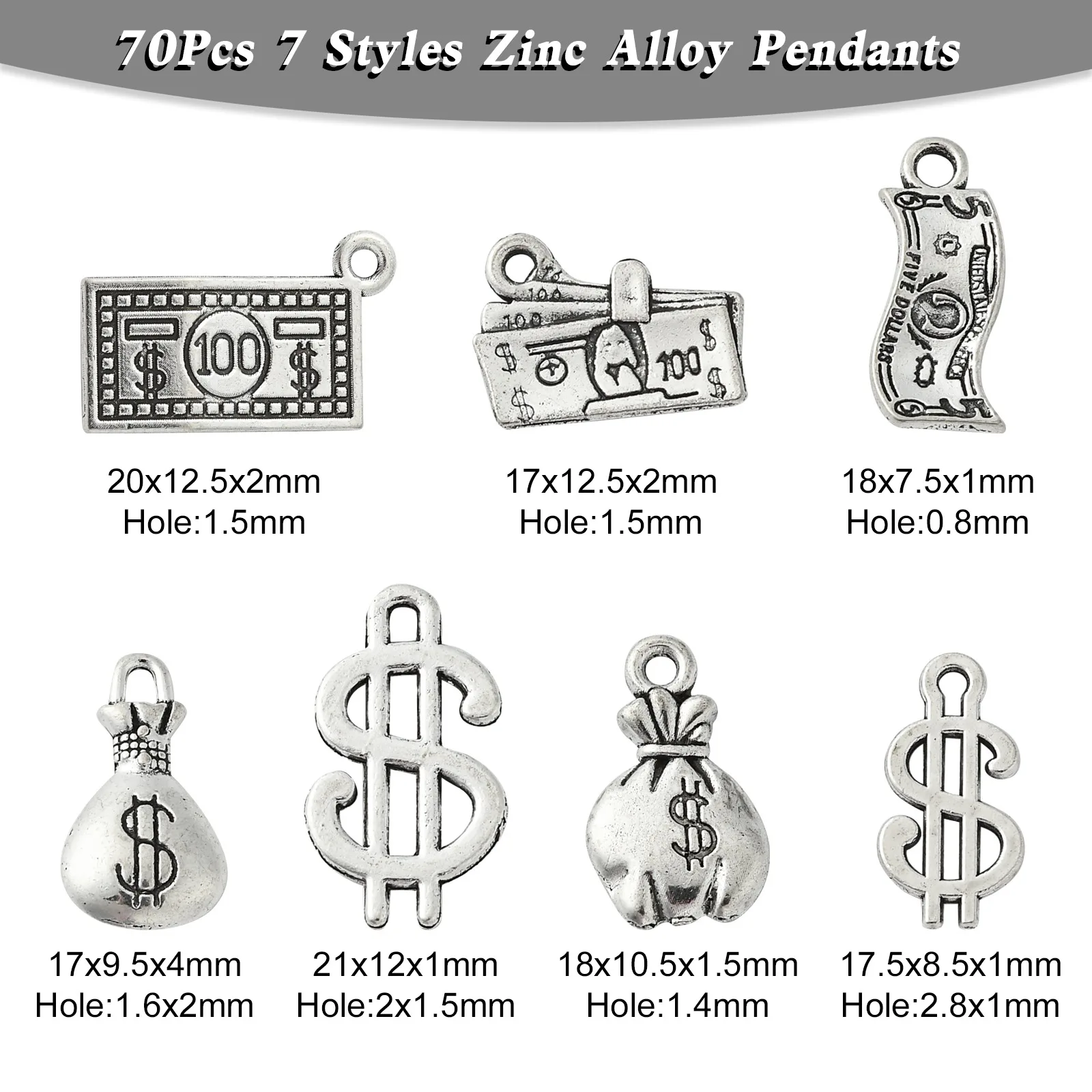 70Pcs 7 Styles Tibetan Money Charms Dollar Sign Money Bag 100 Dollars Bill Charms for Jewelry Making Bracelets Necklace