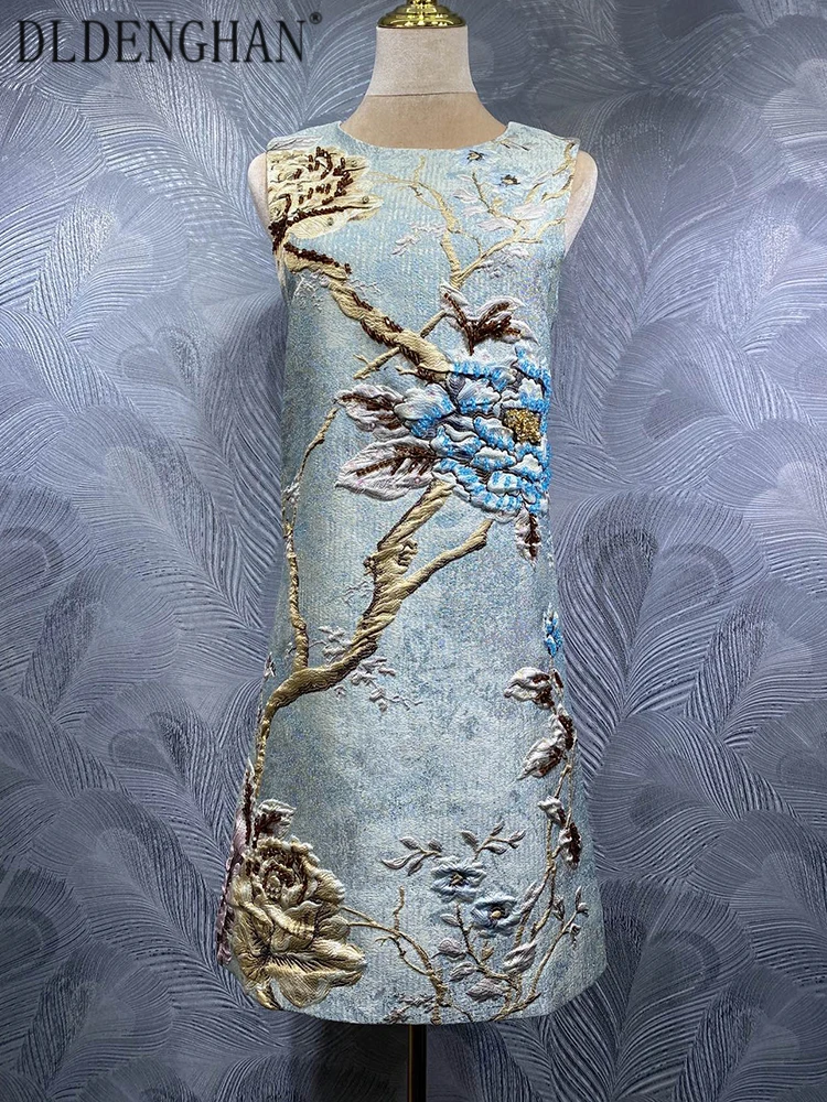 

DLDENGHAN Beading Jacquard Vest Dress For Women O-Neck Sleeveless Vintage Mini Dresses Autumn Fashion Female