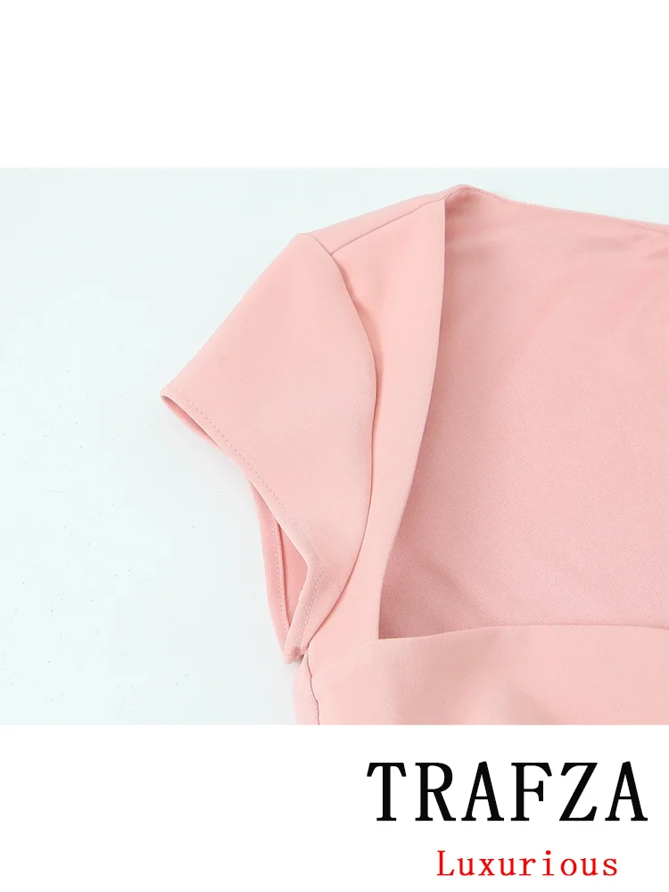 TRAFZA Vintage Casual Chic Pink Women Dress Solid Belt Zipper Slash Neck Slim Long Straight Vestidos Fashion 2024 Autumn Dress