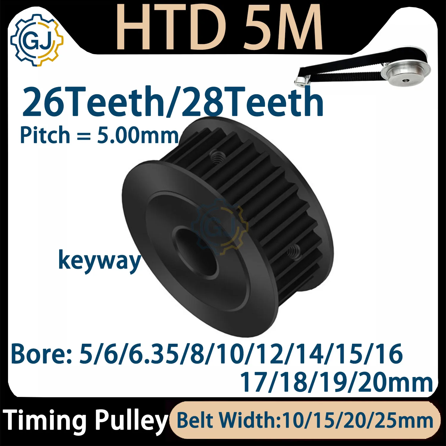 HTD 5M 26Teeth 28Teeth Black Steel Timing Pulley AF Type HTD5M Synchronous Wheel Bore 5-25mm Belt Width 10/15/20/25mm 5M 26T 28T