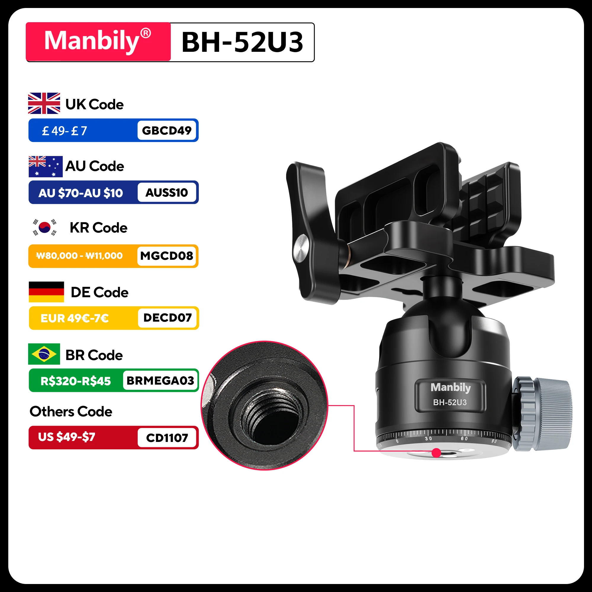 

Manbily 52mm Low Profile Ballhead Heavy Duty Aluminum Saddle Mount Clamp Adapter Professional for Hunting Max Load 25kg