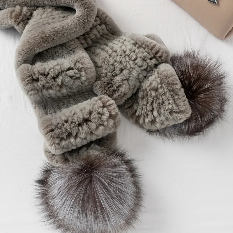 Real Rex Rabbit Fur Scarf Natural Fur Scarf With Silver Fox Fur Ball Long Fur Scarf Women Winter Thickened Hand Knitted Scarf