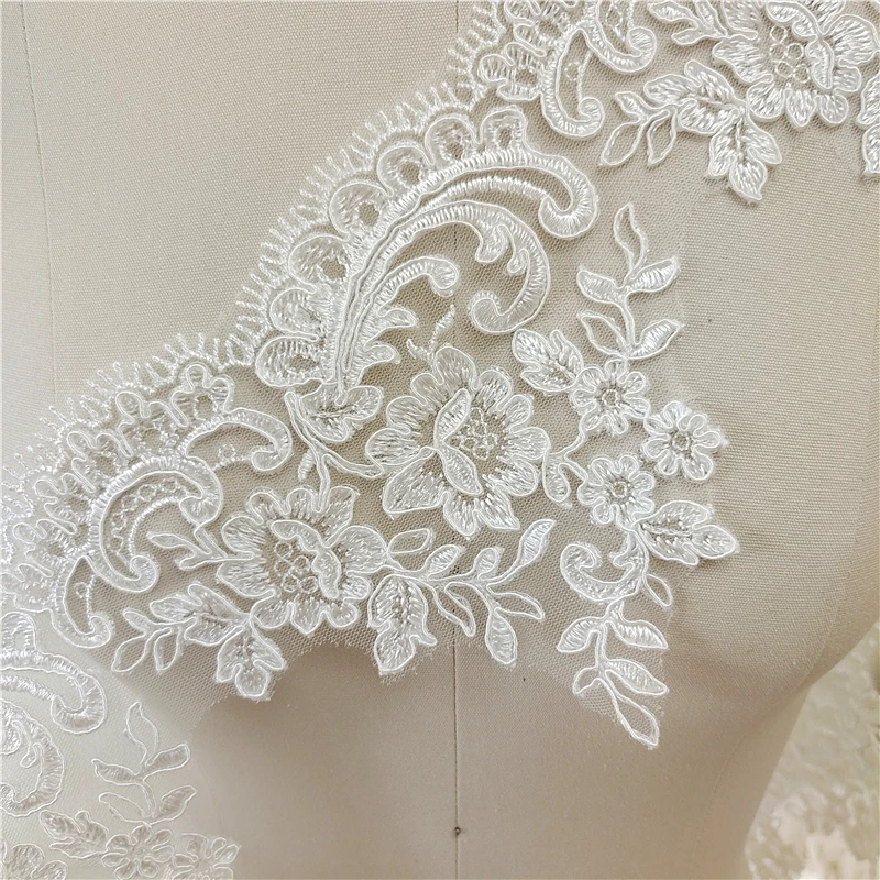 6 Yards Alencon Corded Sequins Lace Trim Scallops Eyelash Flowers Applique trim For Wedding Dress, Cathedral veil, Houte Couture