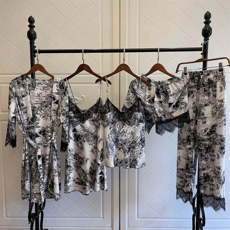 Drukuj kobiety satynowa piżama garnitur lato dekolt Kimono zestaw szlafroków z poduszkami Cheast bielizna nocna Sexy Lounge Wear bielizna nocna