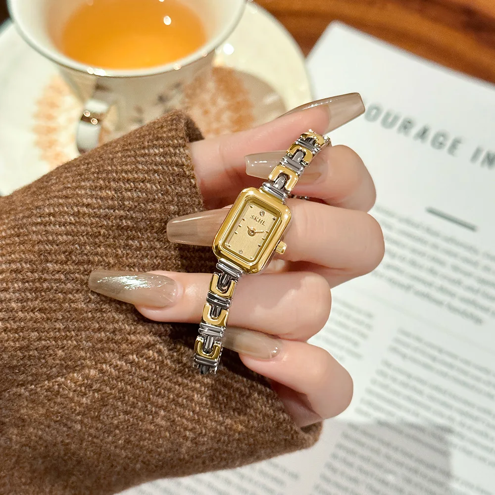 

Новые винтажные женские часы премиум-класса с прямоугольным циферблатом, золотым кварцевым механизмом и стальным браслетом