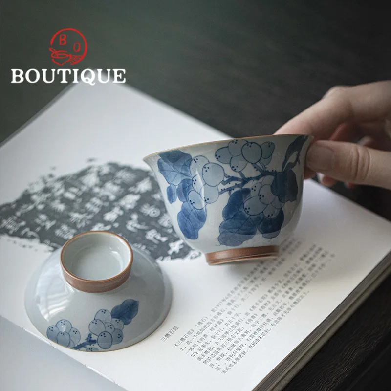 110ml Antique Hand-painted Loquat Ceramic Gaiwan Traditional Tea Tureen Tea Making Cover Bowl Tea Services Accessories Ornaments