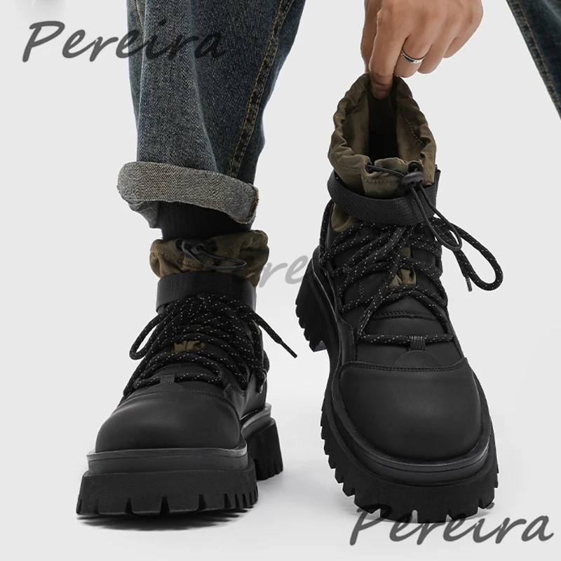 Men's Thick Soled High Top Boots Retro Black Leather Round Toe Lace-Up Workwear Boots Spring Autumn Outdoor Casual Shoes