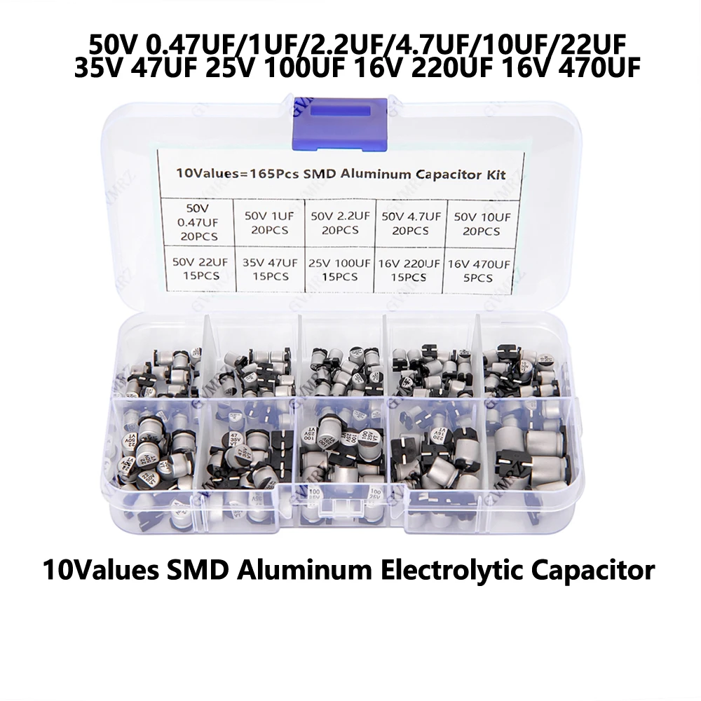 Caixa de Amostras de Capacitores Eletrolíticos de Alumínio SMD com 165 Peças e 10 Valores - Kit Sortido para Projetos de Reparo DIY em Eletrônicos 50V 1UF/2.2UF