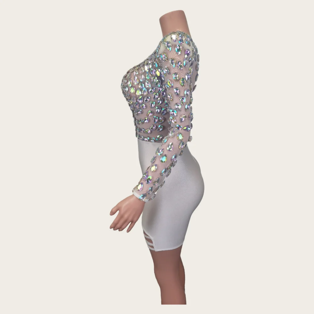 Fashion Long Sleeves White Crystal Rhinestone Hip Wrapped Night Gown Sexy Casual Elegant Women Club Prom Party Dress Stage Wear