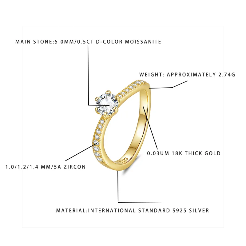 

Кольцо с муассанитом цвета D 0,5 карата, стерлинговое серебро 925 пробы, позолота 18 карат с цирконом 5А, ювелирные изделия, подарок для нее