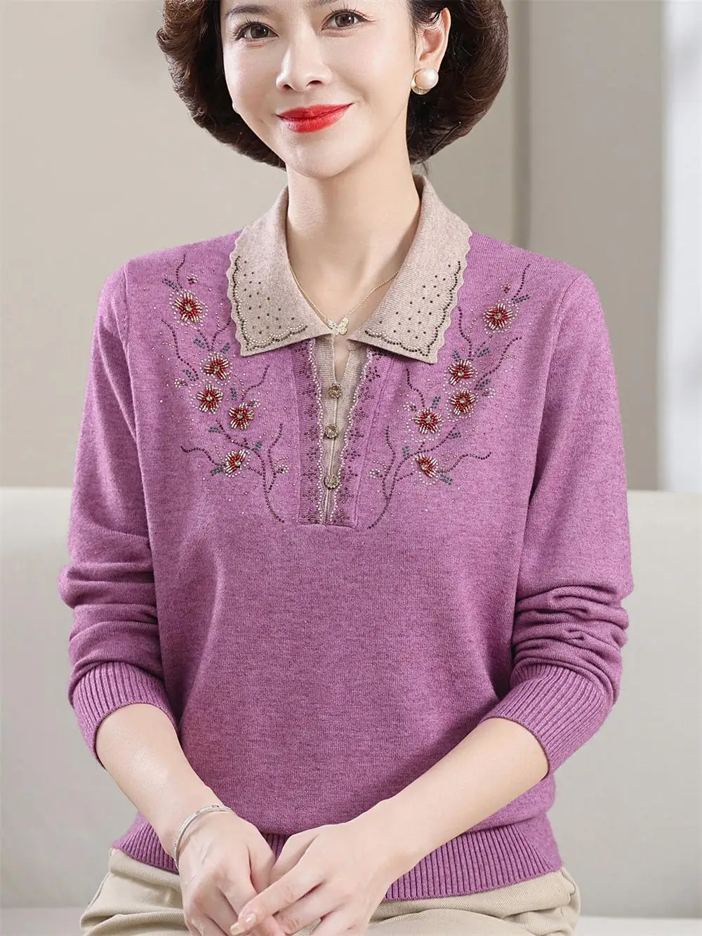 

Floral Embroidered Long Sve Ne Knitwear for Middle-Aged Women Autumn Faion Casual Loose Fit Thin Sweater