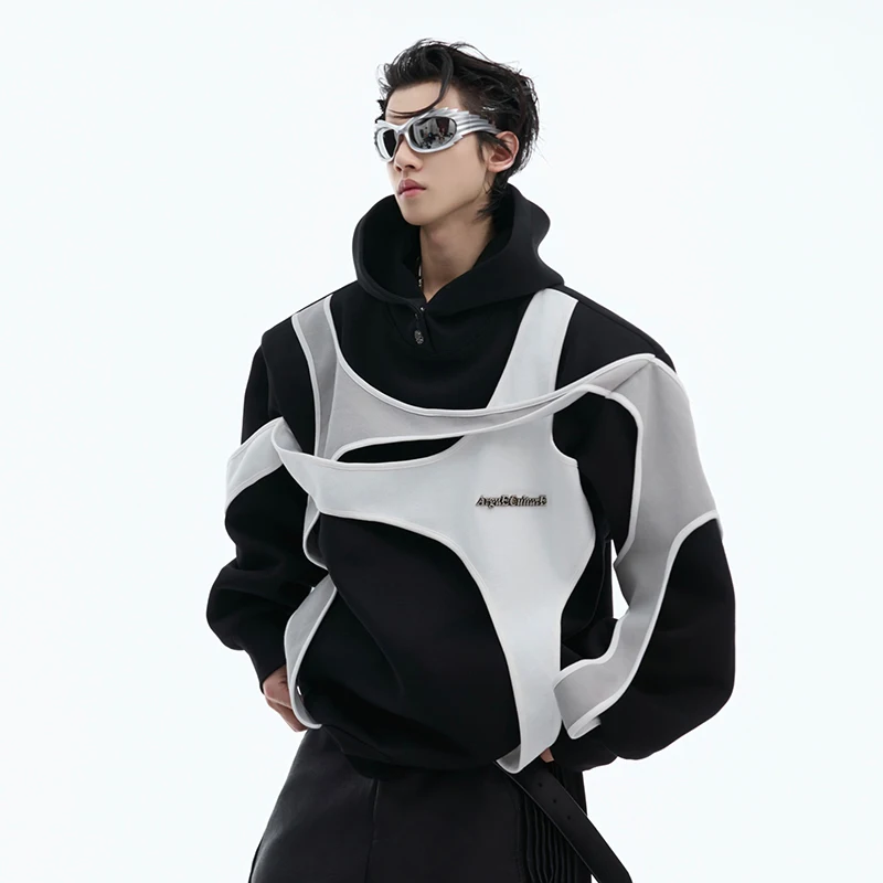 IEFB Niche Doublelayer Sweatshirt Splicing Contrasting Shoulder Pads Hooded 2024 Contrast Color  Casual Male Hoodies 24E2504