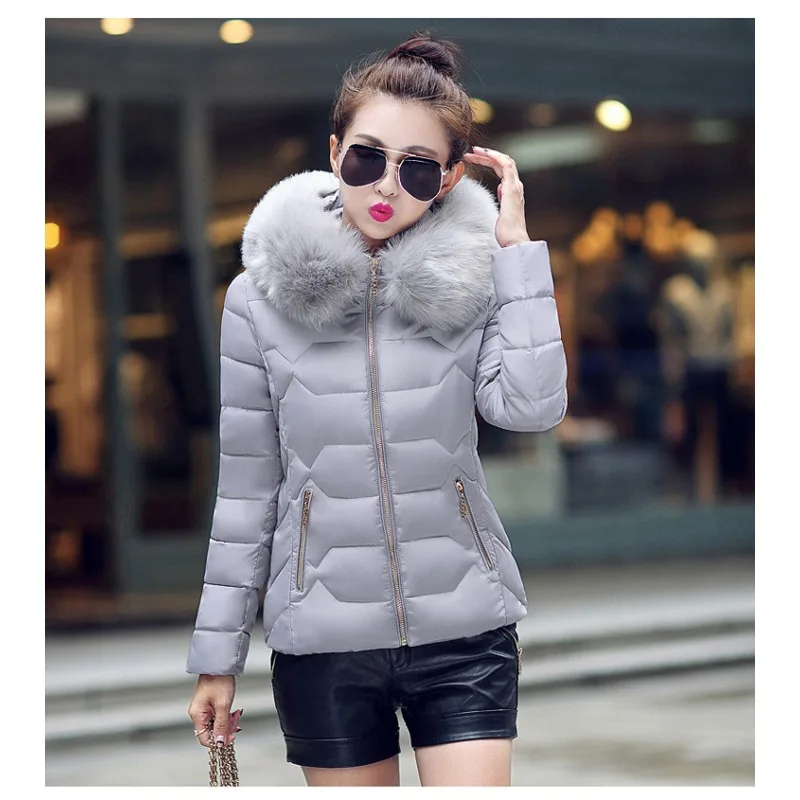 Trend Winter Women's Clothing Fur Collar Hooded Cotton Padded Jacket Warm Slim Fit Short Coat Zipper Long Sleeve Top Windproof