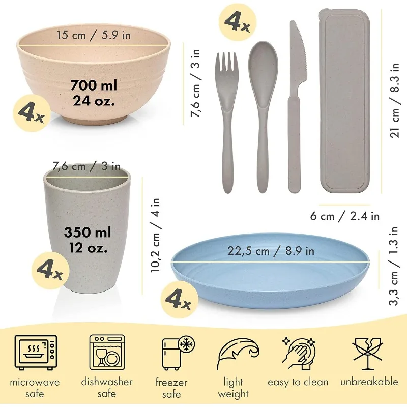 28 Piece Lightweight & Unbreakable Wheat Straw Dinnerware Set - Microwave & Dishwasher Safe, Perfect for Picnics, RV, Camping