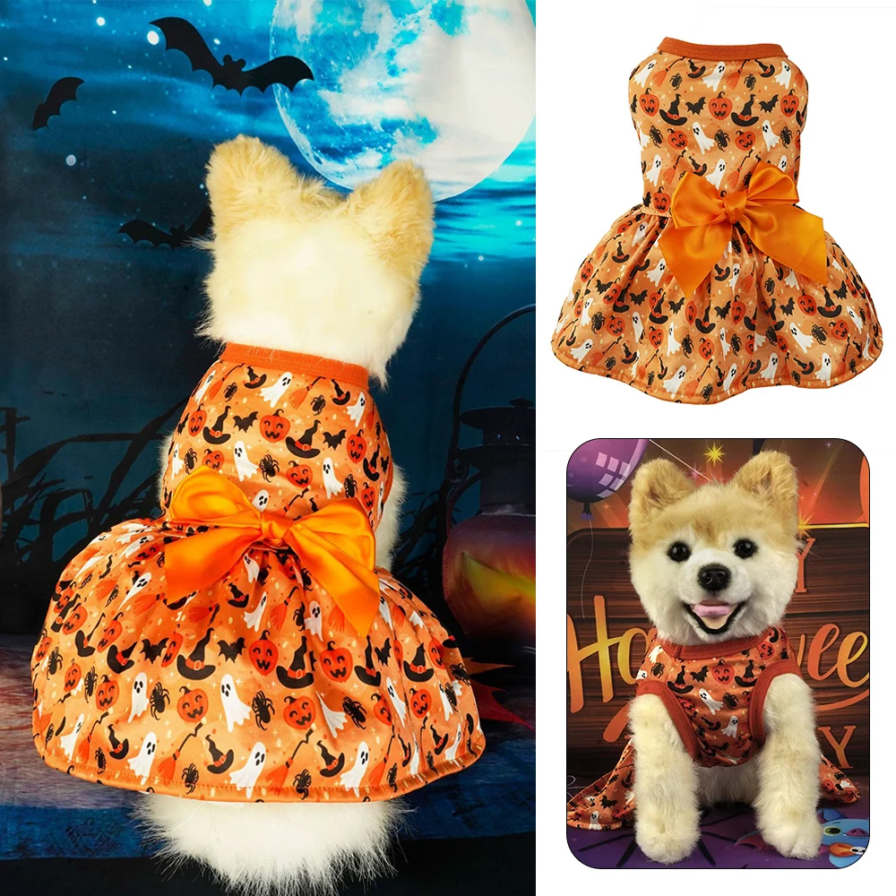 

Halloween Pumpkin Dog Dress Clothes Satin Bow Cat Princess Dresses For Small Dogs Funny Pet Clothing Puppy Skirt Pet Supplies