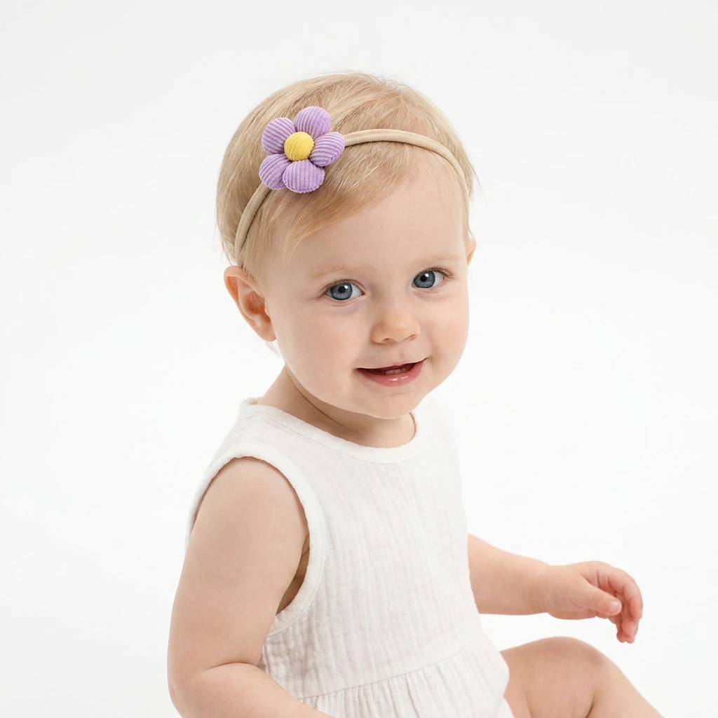 1Pc Ribbed 3D Flower Baby Headband Skinny Nylon Hairbands for Girls Newborn Soft Elastic Floral Toddler Hair Accessories Gift