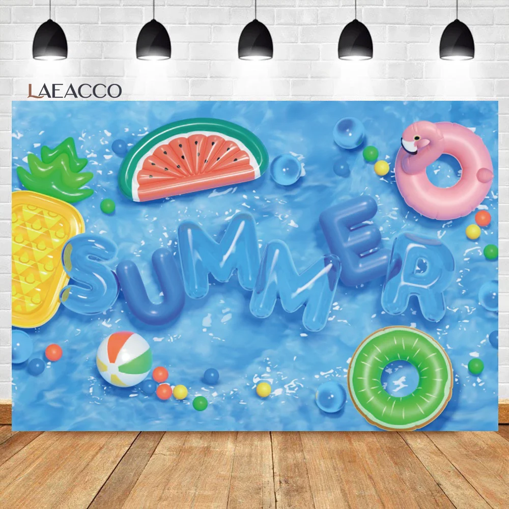 Laeacco Pool Party Backdrop Summer Swimming Balls Lifebuoy Water Wave Ripple Kid Birthday Portrait Custom Photography Background