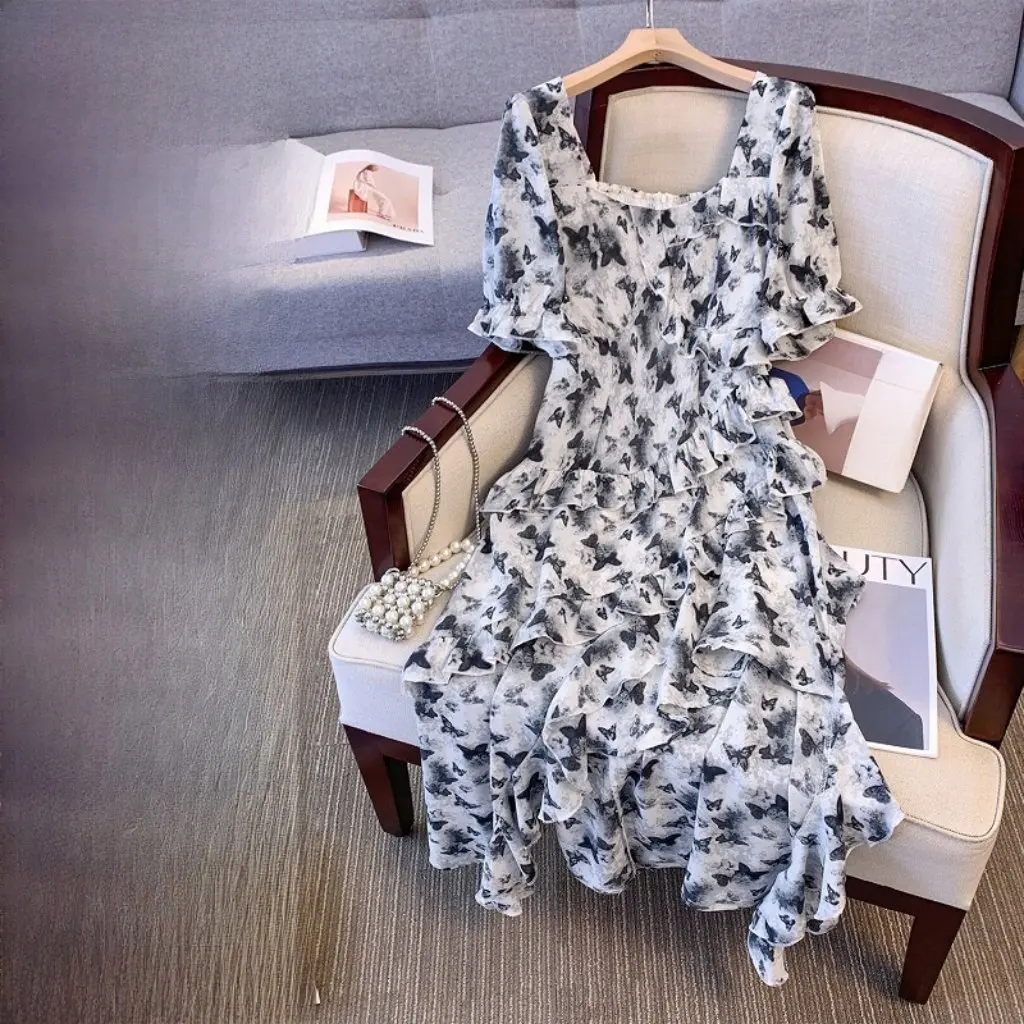 

Женское деформируемое платье больших размеров во французском стиле, свободная дышащая юбка для полных девочек, летняя юбка с пышными рукавами и ушками