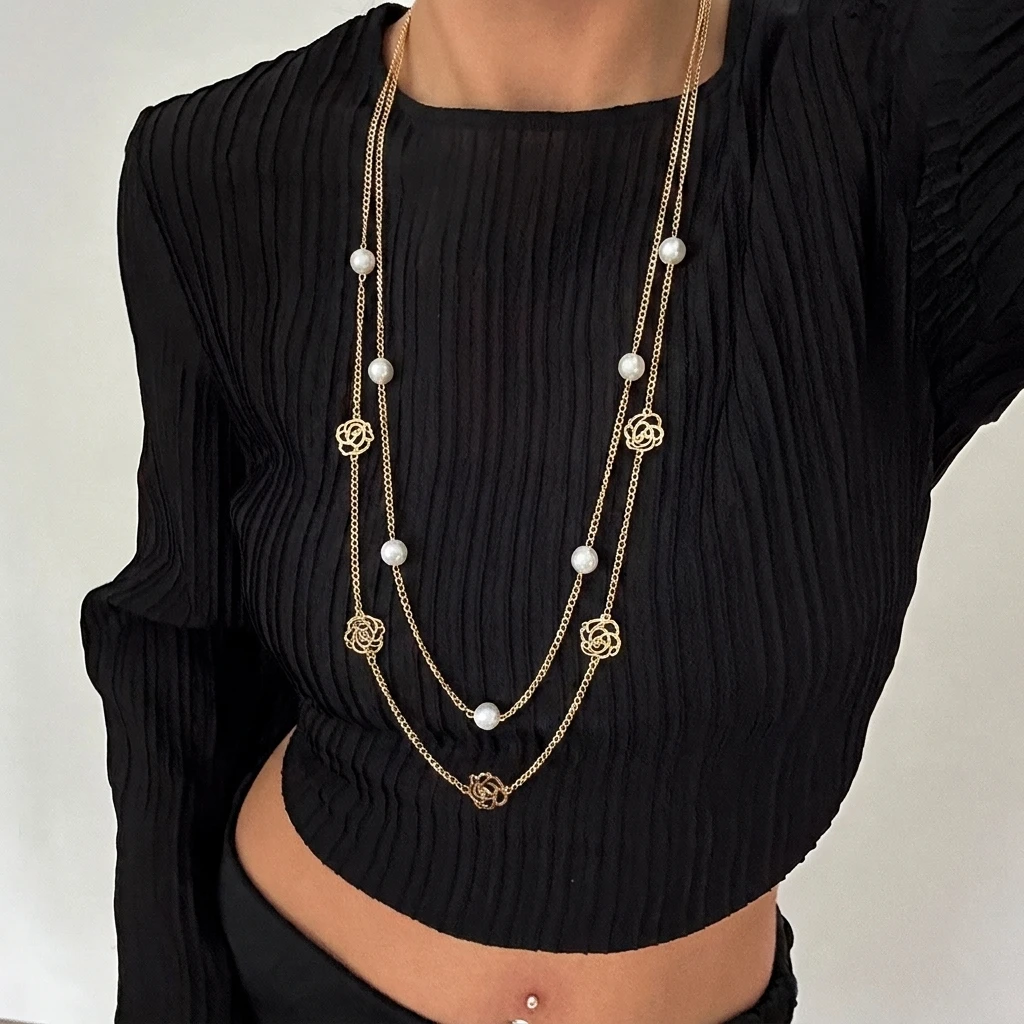Elegant Baroque Imitation Pearl Rose Flower Necklace For Women Multi Layered Stacked Beads Sweater Chain Choker Party Jewelry