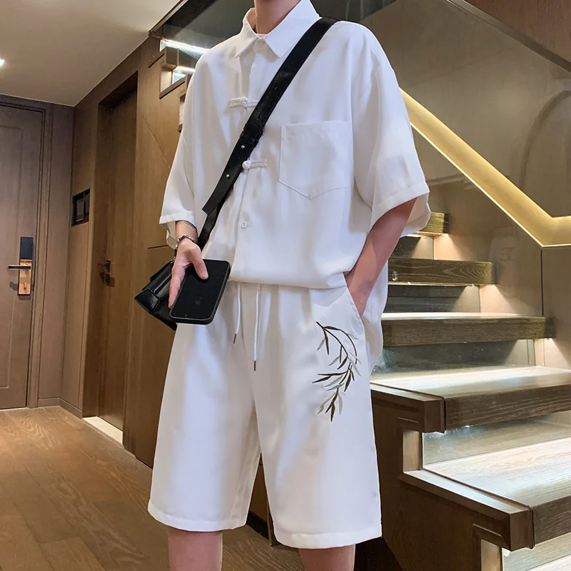 

Повседневный комплект из двух предметов, мужская летняя рубашка с коротким рукавом, отворотом на пуговицах и шортами, модные костюмы, мужская мода, однотонная искусственная кожа