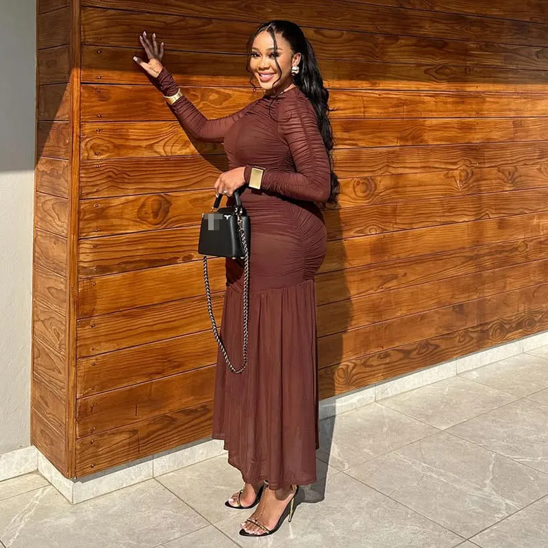 STIJLVOLLE DAME Gedrapeerde Geplooide Maxi Jurk 2025 Herfst Vrouwen Lange Mouw O Hals Bodycon Sexy Club Party Vestidos De Festa