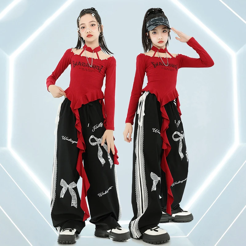 2025 Hip Hopสาวแจ๊สเต้นรําเสื้อผ้าสีแดงCrop Topsกางเกงสีดําแฟชั่นStreetสวมใส่เด็กคอนเสิร์ตHiphopประสิทธิภาพชุดBL14469