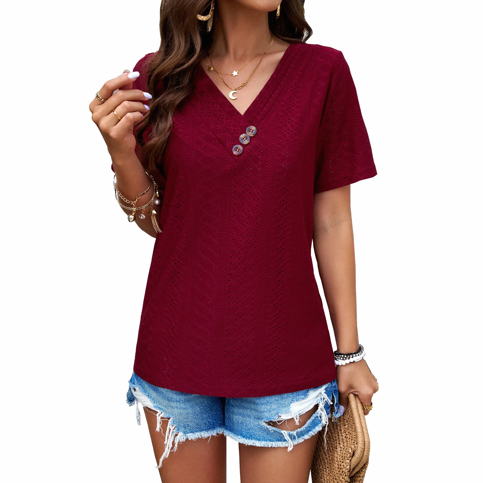Women's Clothing Cross-border Amazonspring And Summer Foreign Trade Temperament Casual Hollow Solid Color Short-sleeved Top