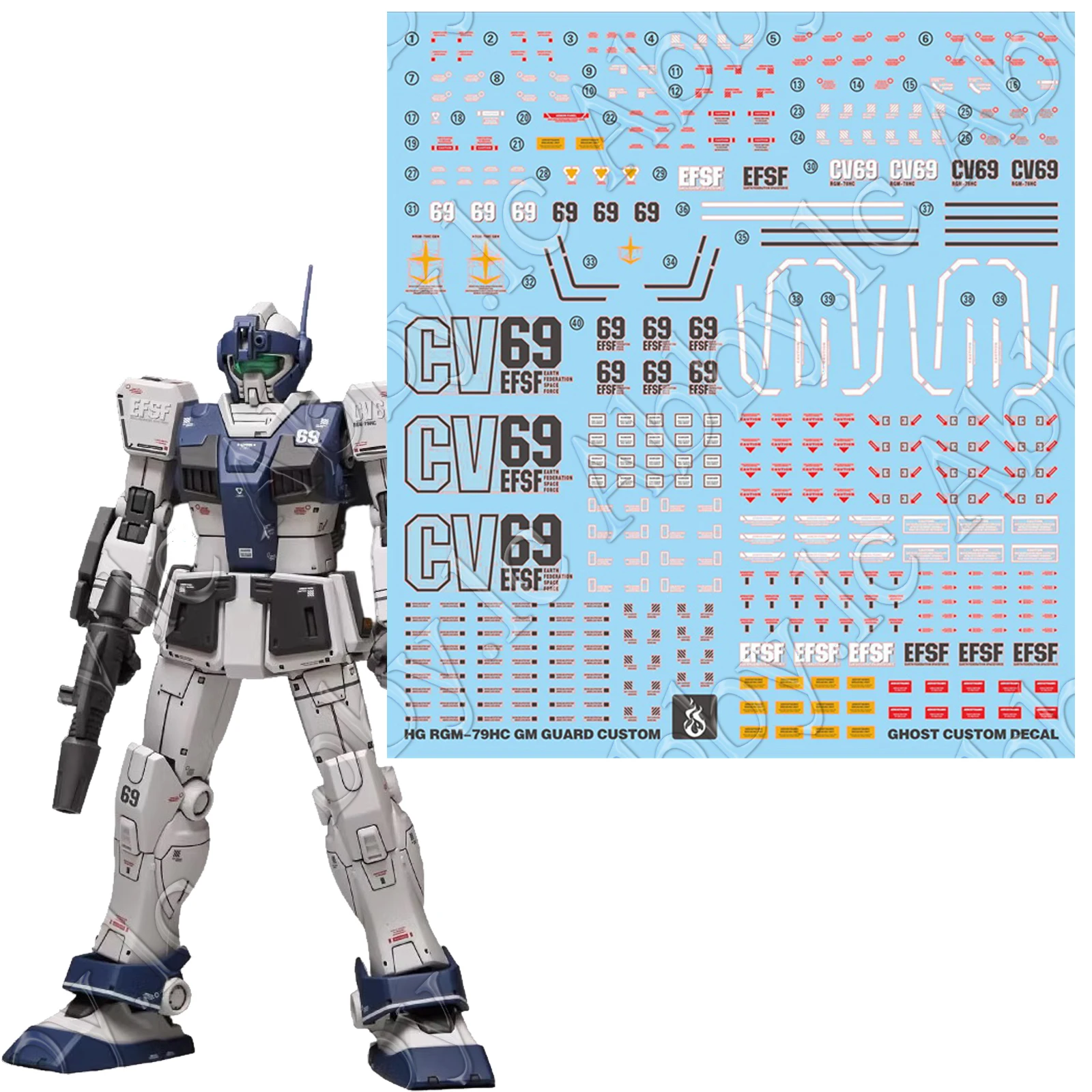 for HG 1/144 RGM-79HC GM Guard Custom (with E-2 Beam Spray Gun) Water Slide Precut UV Light Reactive Decal High Grade The Origin