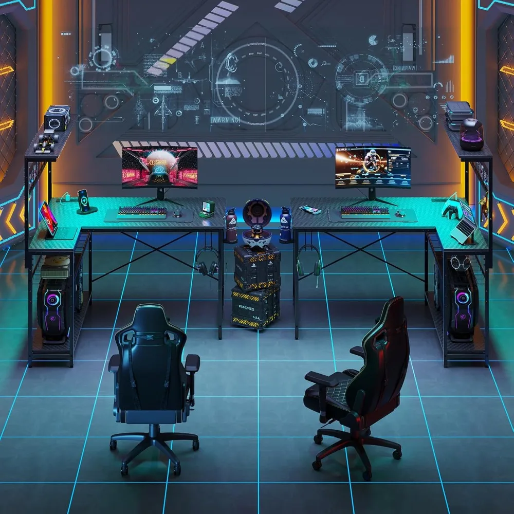 42 L Gaming Desk,Computer Desk with Power Outlets, LED Lights, Reversible Corner Desk with 4-Tier Shelves,Cup Holder