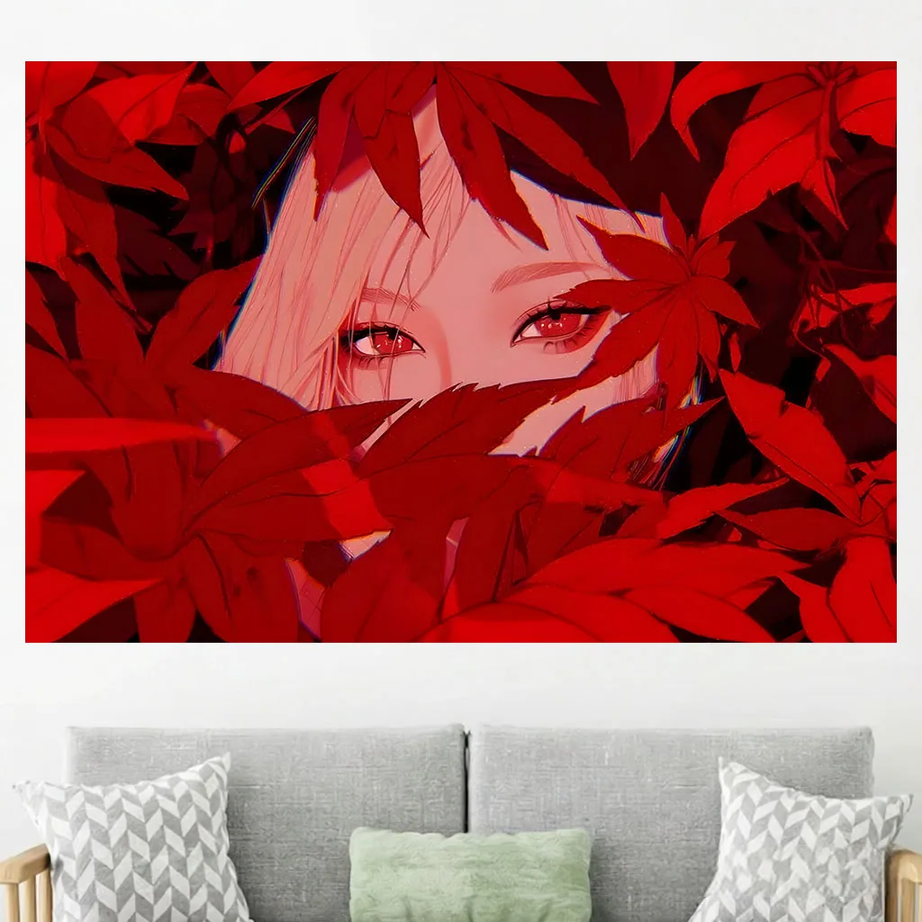 Red Maple Leaf Anime Girl Wall Tapestry Red Eyes Hidden In Foliage Dark Red Manga Art Wall Hanging Dorm Bedroom Aesthetic Home