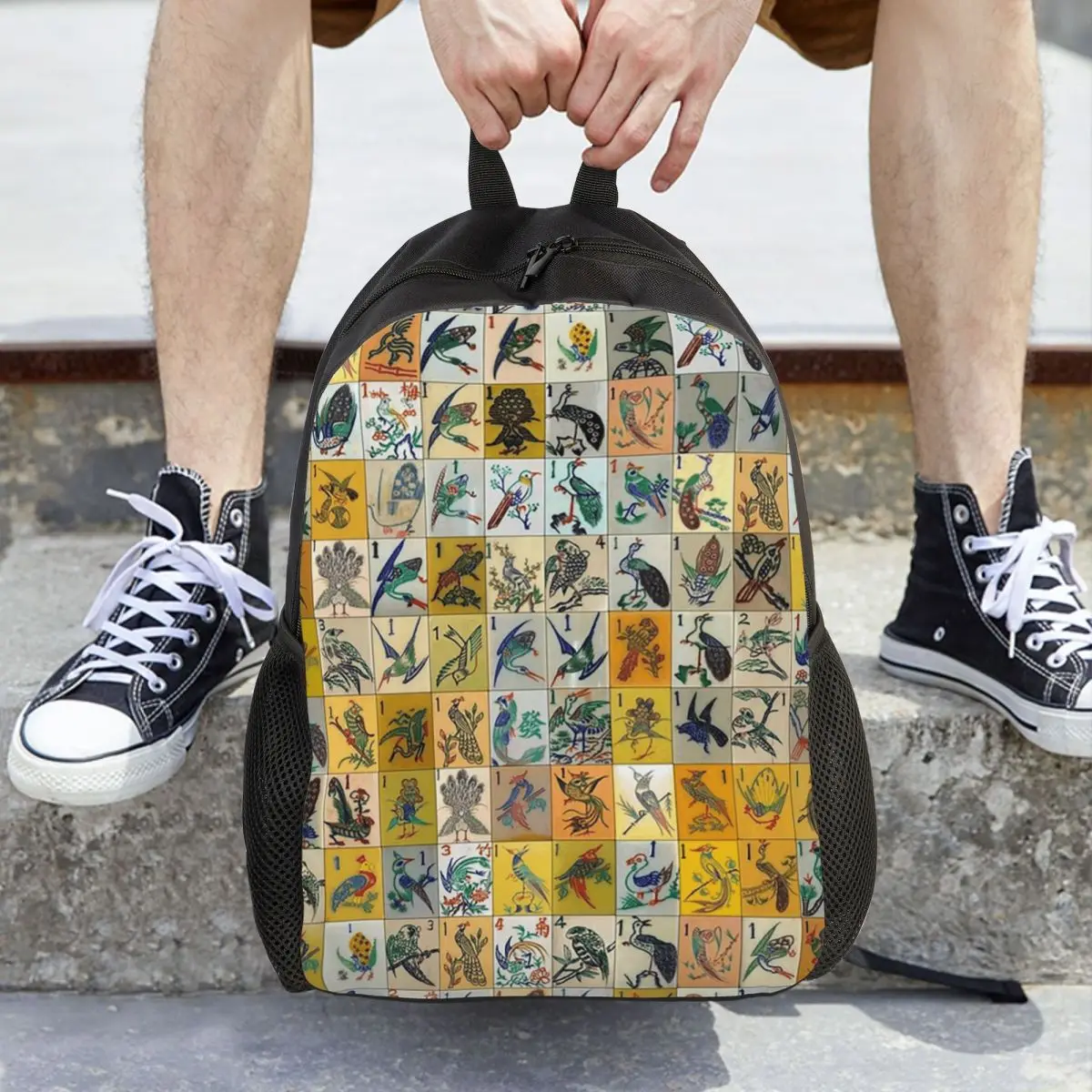 Mah Jongg Birds Mahjong Tiles Backpack Daypack Large Capacity Kids BookBag School Bag Shoulder Bags for Men Women