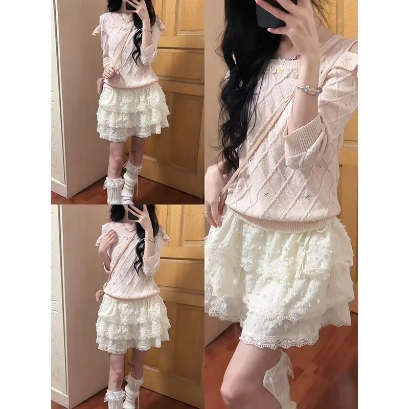 

Sweet High Waist Lace Trim Skirt for Women Autumn Winter Puffy Cake Skirt Girl Student Commute Polyester Fiber Elastic