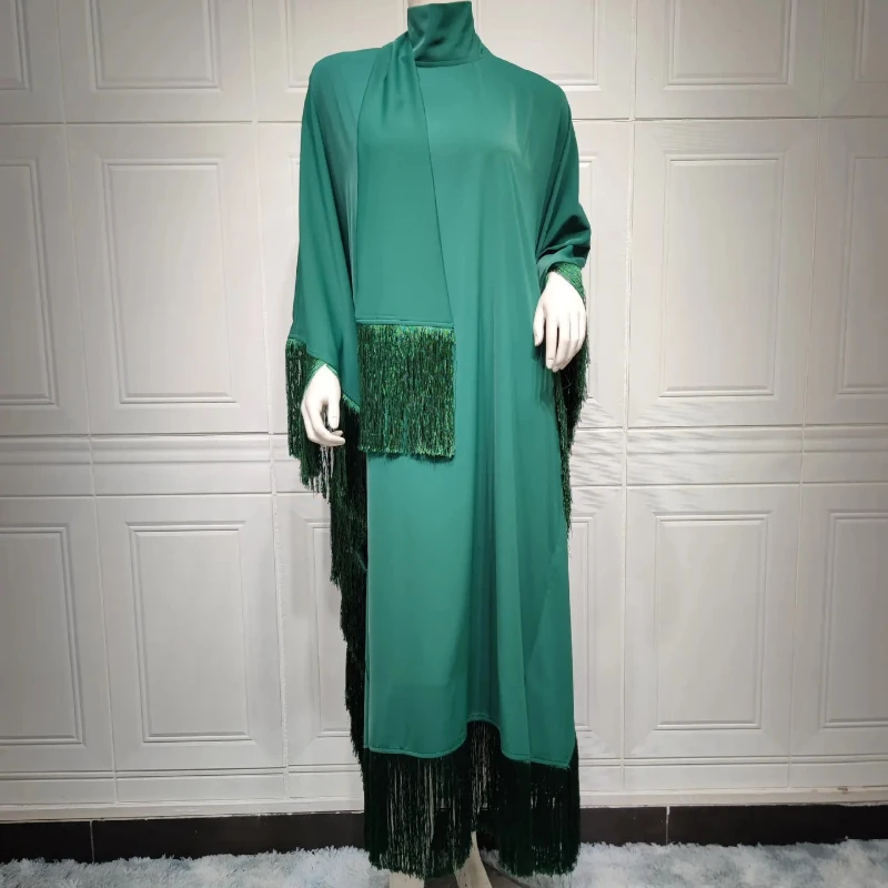 Silky Satin Tassel Dress Eid Ramadan Muslim Abayas Women Dress Saudi Lantern Sleeve Abayas Shawl Outfits Jalabiya Dubai Caftan