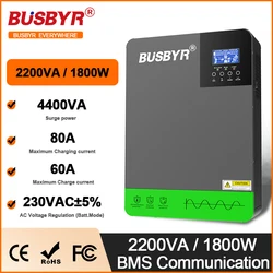 BUSBYR 2200W Solar Hybrid Inverter 12V AC230V Off-Grid Pure Sine Wave Inversor 80A MPPT Solar Charger, PV 55-450V In Support WIFI