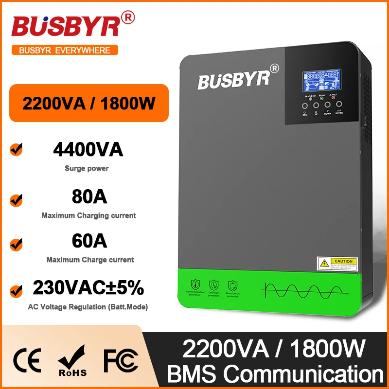 BUSBYR 3800W/4200VA Hybrid Solar Inverter Off Grid 230VAC Output 24VDC 80A PWM Solar Charger Controller MAX PV 6KW Inverter