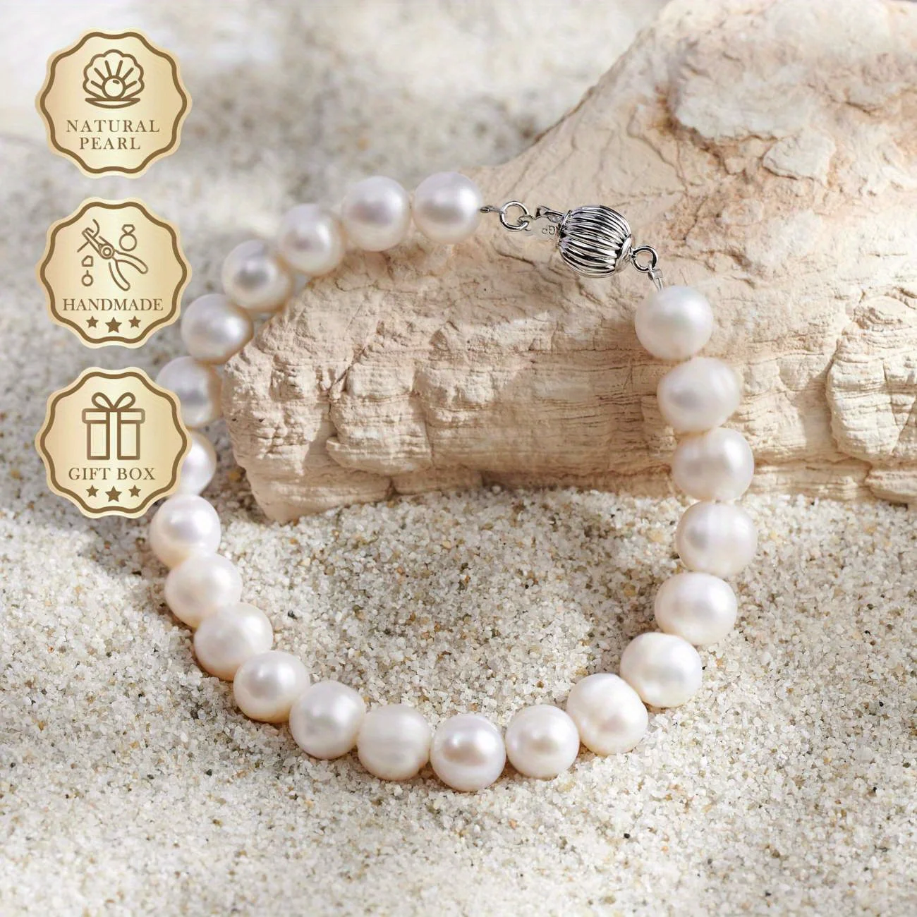 Mysoya White Pearl Bracelet 8-9mm Lantern Clasp Gift Box Wedding Bridesmaid Birthday Jewelry S02