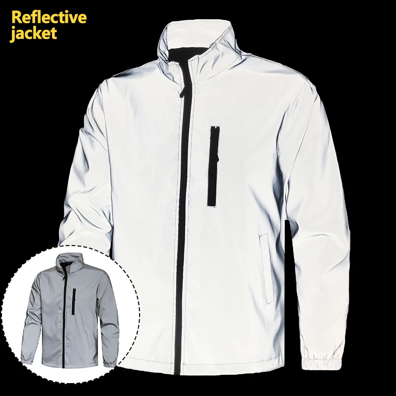 Night Reflective Jacket Men's Spring Casual Stand Collar Outdoor Windproof Jogger Cycling Safety Bright Coats Hip Hop Streetwear