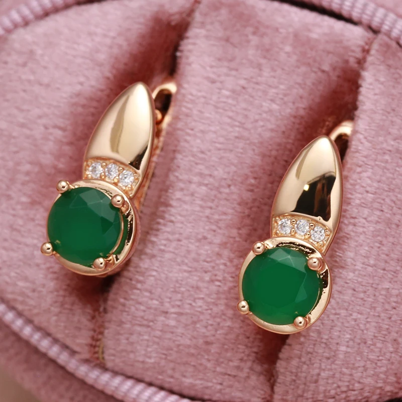 

New Emerald Round Cut Zircon Earrings for Women 585 Rose Gold Clip Earring Inlay Natural Crystal Ear Hoops Party Fashion Jewelry