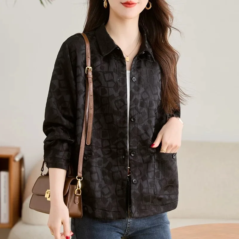 

Red Embroidered irt Jaet Women's Spring Autumn Loose Casual Collar Jaet Top Match All Small Size Collar Button Clo...