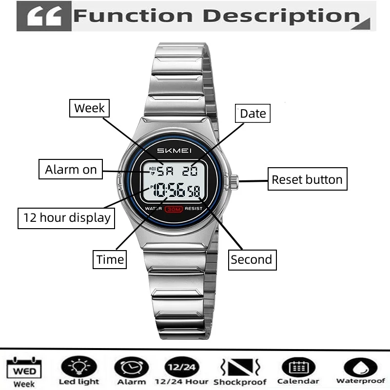 Skmei Womens Digital Watches Luxury Steel Strap LED Light Mineral Glass Dial Lady Waterproof Alarm Clock Date Week Display