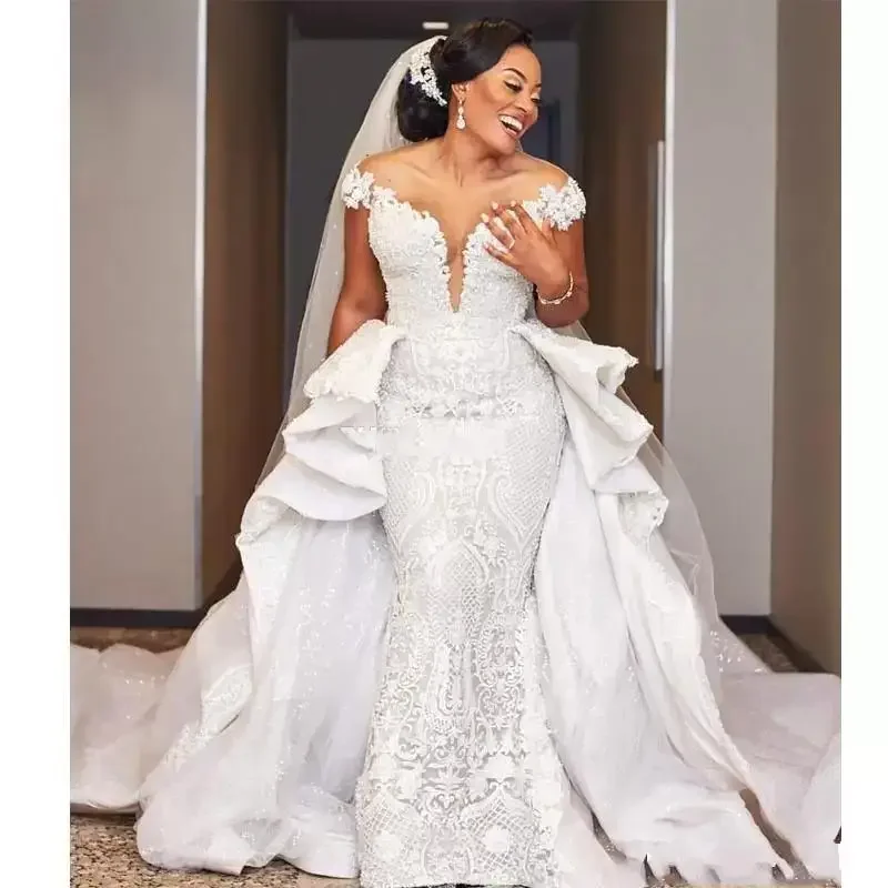 

Customized Mermaid Wedding Dresses Detachable Train Sheer Neck Cap Sleeve Sequined Castle Africa Lace Wedding Gown Ruffles Brida