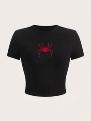 Simple Red Spider Prints Crop T-Shirt Street Cropped Navel Women Short Sleeve Comfortable Breathable Stretch Soft Female Clothes