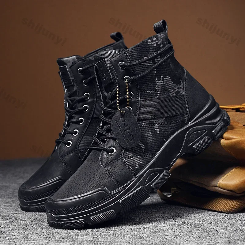 Handsome Men Lace Up Thick Sole Ankle Boots Autumn Winter Trend Anti Slip Comfort High Top Retro Desert Boots Casual Work Shoes