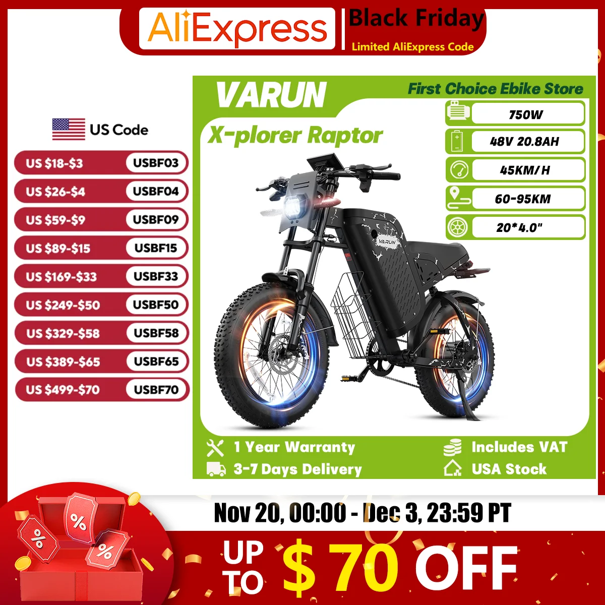 

VARUN X-plorer Raptor Adult Mountain 750W Motor 48V 20.8Ah Battery Off-Road Electric Bicycle 20*4.0" Fat Tire City Electric Bike