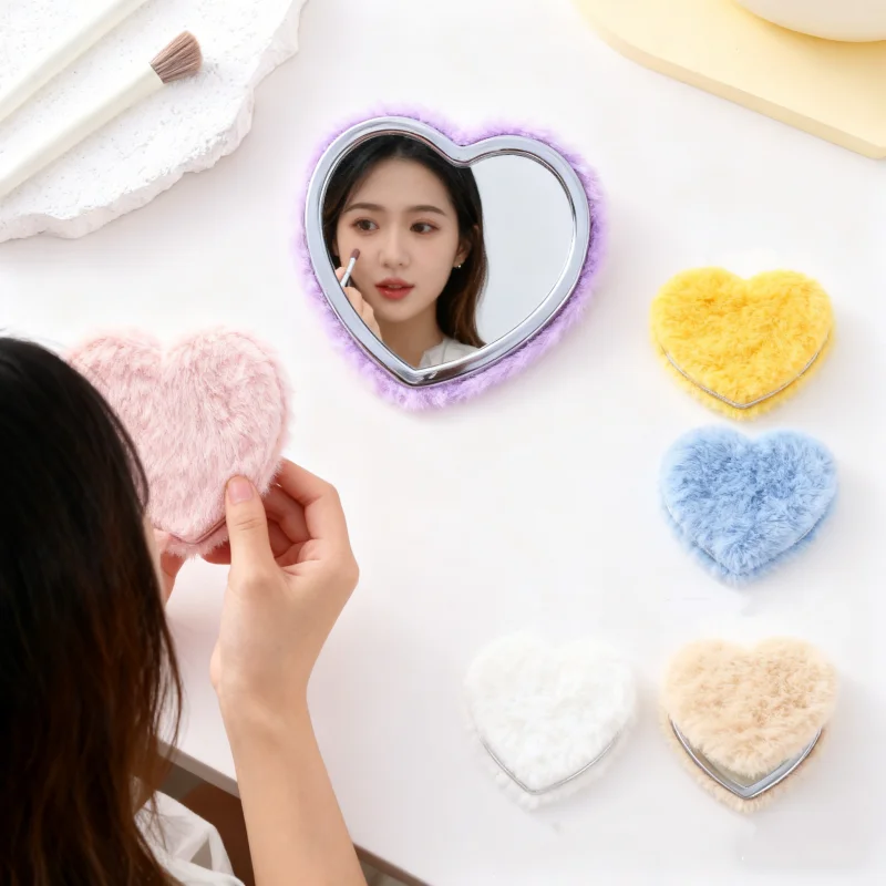 발렌타인데이 선물 접이식 플러시 양면 메이크업 거울 휴대용 우아한 여행용 핸드헬드 화장 거울 컴팩트 포켓