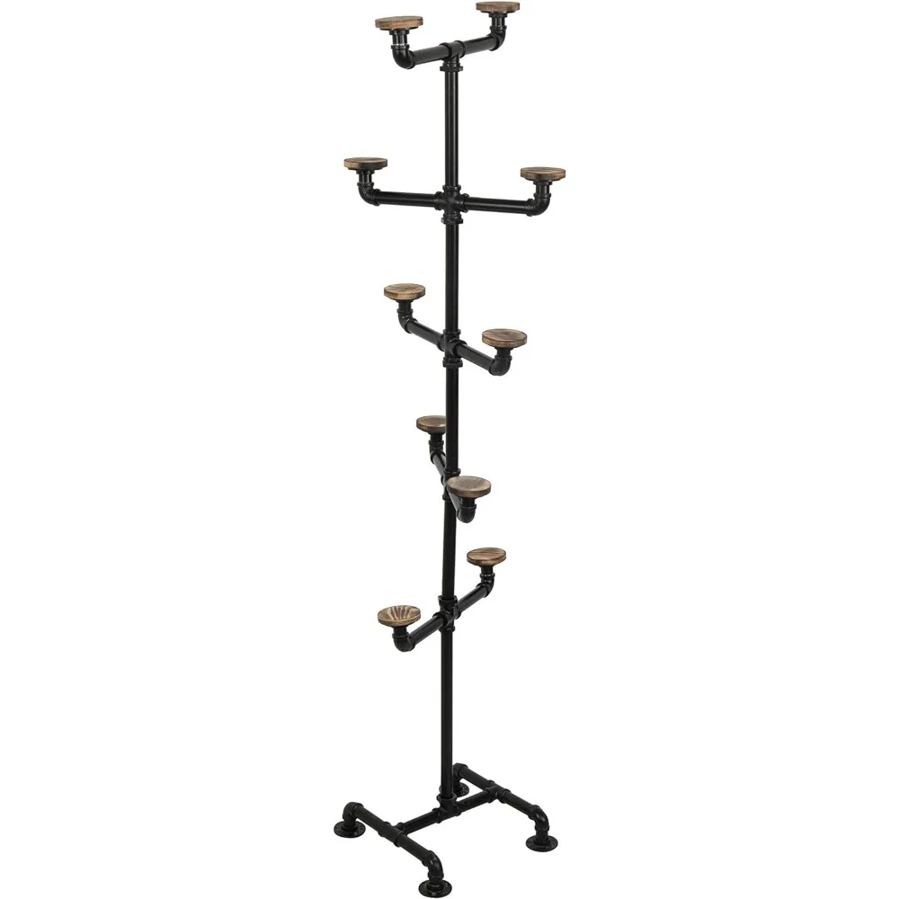 Industrial Black Metal Pipe Rack with 10 Round Rustic Burnt Wood Hat Hangers, Decorative Pipework Stand with Hooks，Furniture