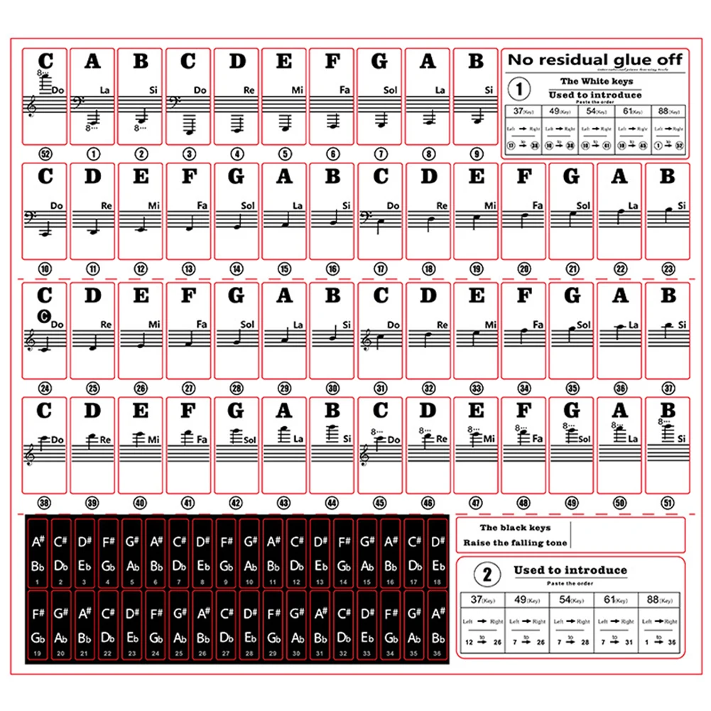 Per gli amanti del pianoforte decalcomania del pianoforte note adesivi per pianoforte 1 pz 88/61/54/49/37 tasti circa. 25*23 centimetri di Apprendimento Principianti