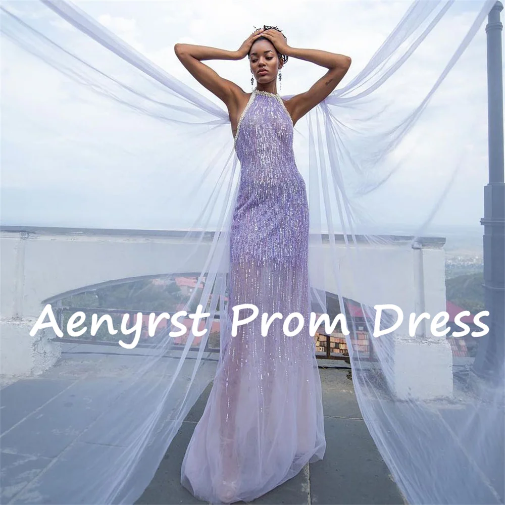 Aenyrst Purple Exquisite Sequined Pearls Prom Dresses Beading O-Neck Sleeveless Evening Gowns Floor Length Formal Occasion Dress